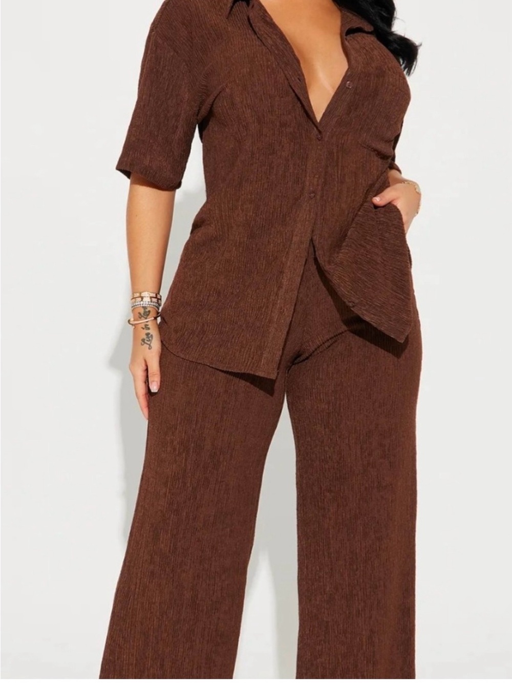 Fashion Nova Textured Wide-Leg Pant Set - Brown